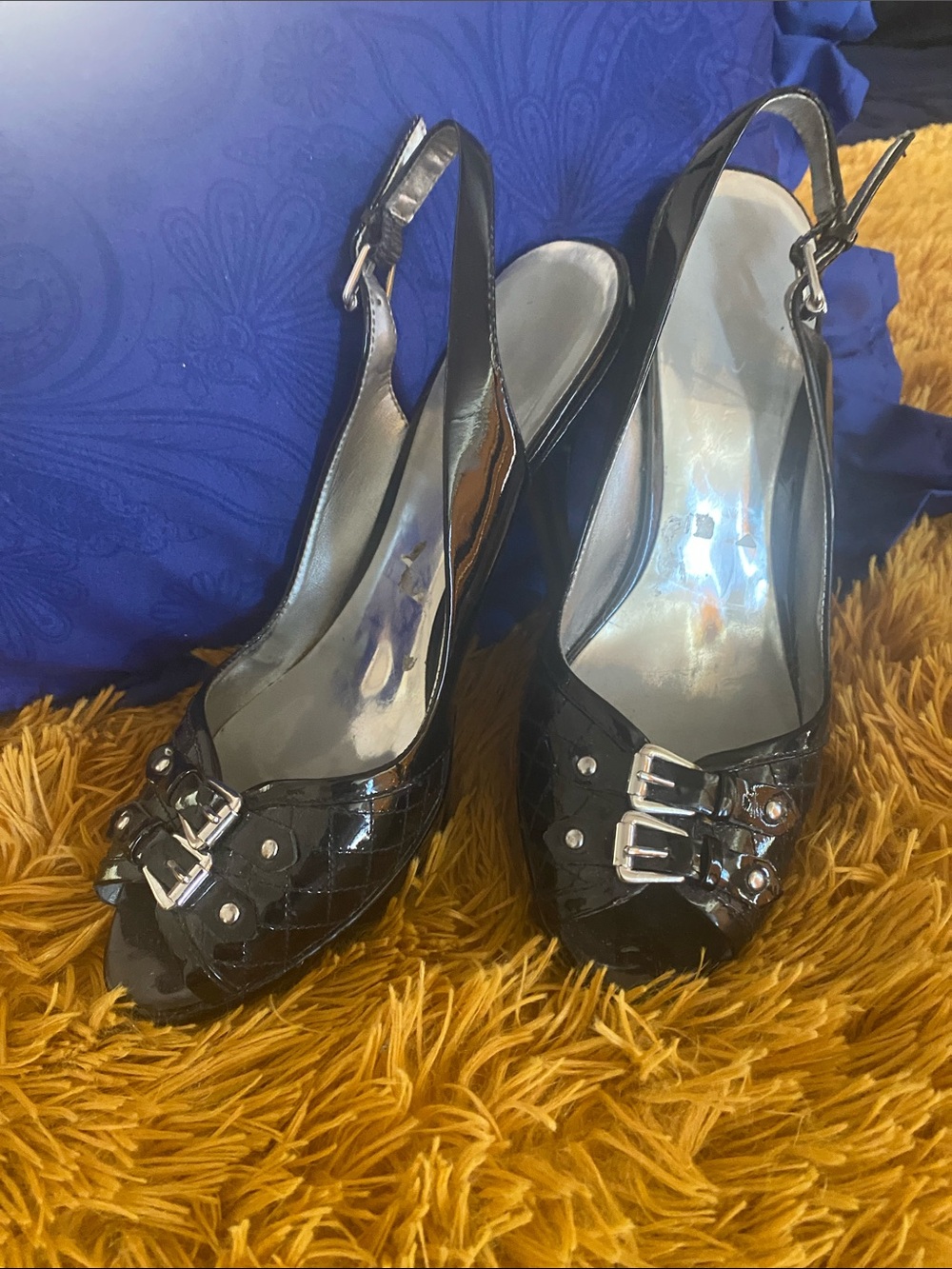 Guess Black Patent Peep-Toe Slingback Heels with Double Buckles
